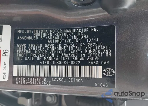 2015 Toyota Camry Le из США, поврежденный, VIN 4T4BF1FK8FR450522